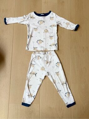 100% Pima Cotton Noomie White Sloth Print Kids Pajama Set with Navy Trim
